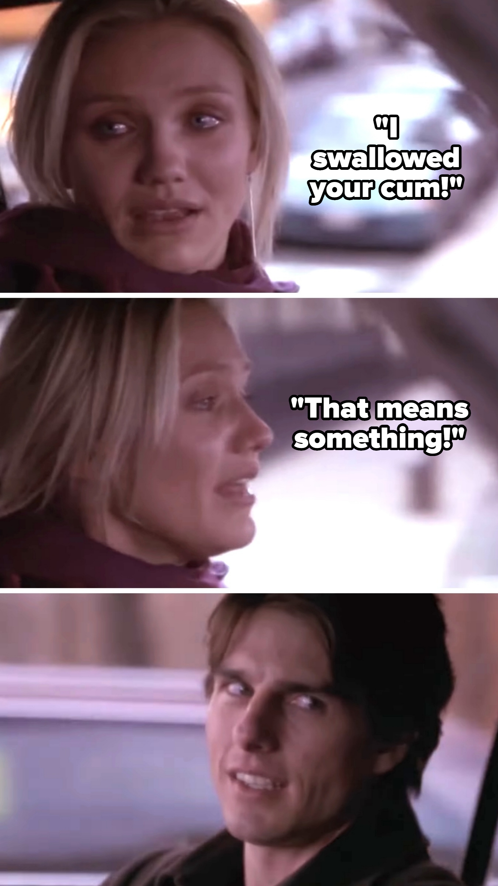 Three images showing a man and woman talking inside a car, appearing engaged in a conversation