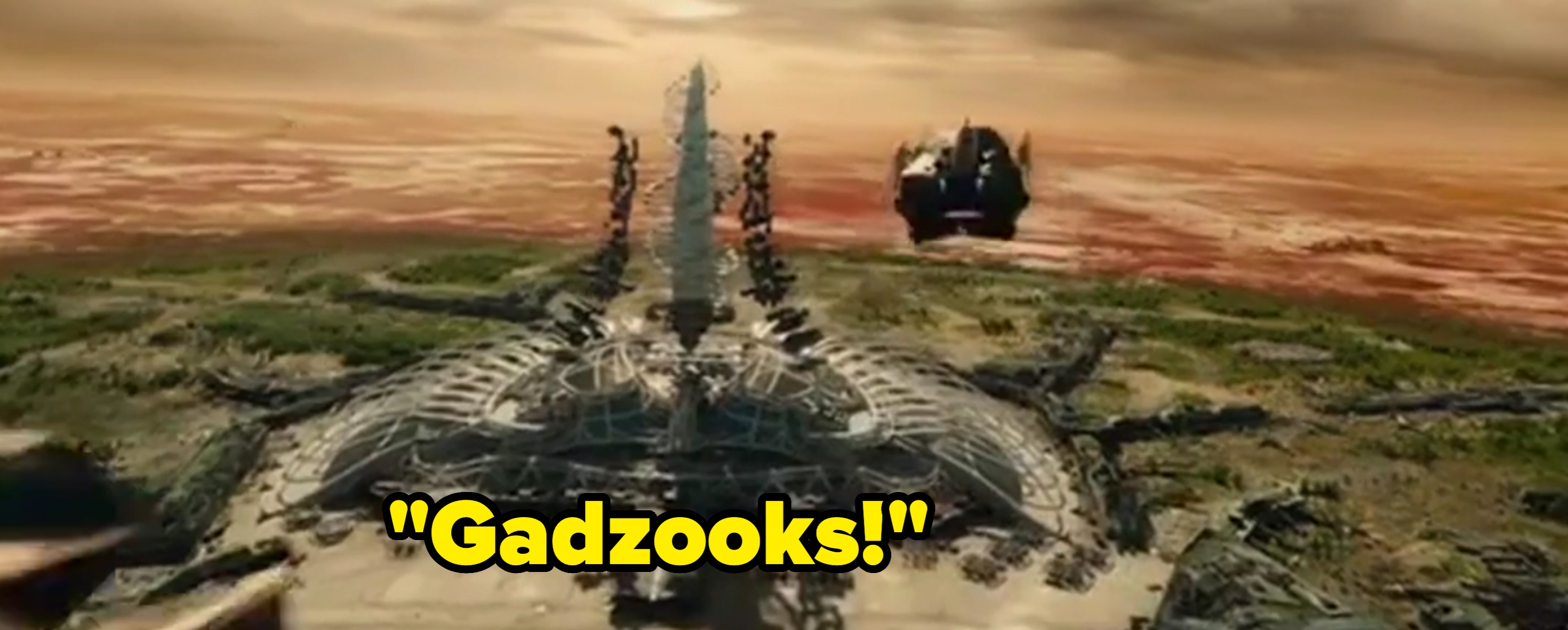 Futuristic spaceship resembling a mechanical bird hovers over an alien landscape, with another craft in the background approaching a sunset