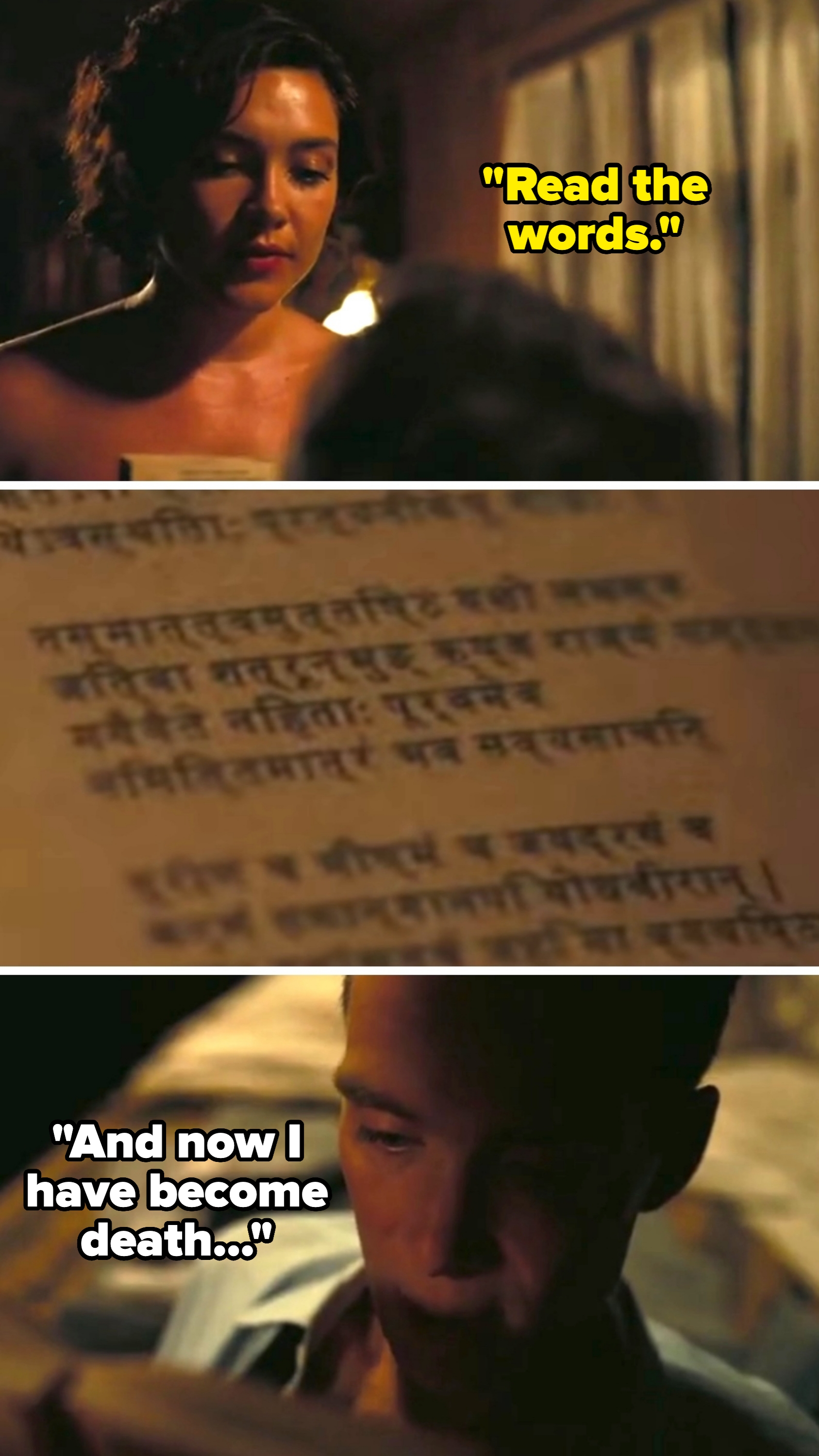A woman and man read a book with Sanskrit text