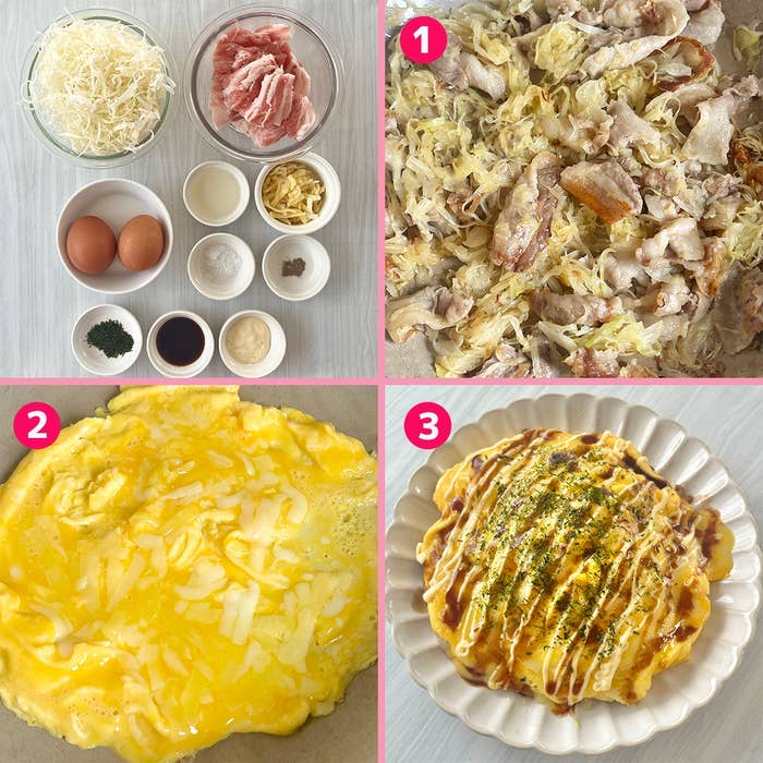 料理のプロセスが3つのステップで示された画像。準備材料と調理中のとんぺい焼きが写っています。