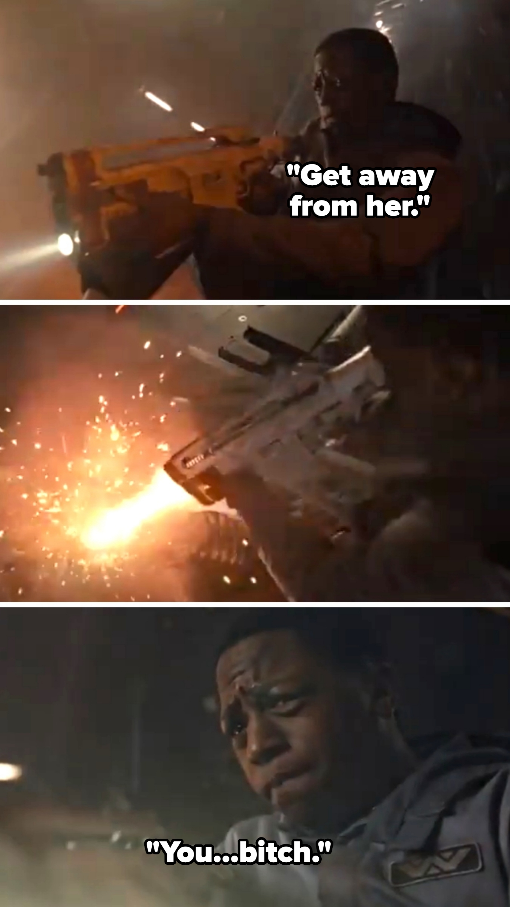 A person intensely aims and fires a futuristic weapon in a dark, action-packed scene, displaying determination and focus