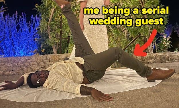 Person lying on a wedding dress train with humorous text about being a frequent wedding guest