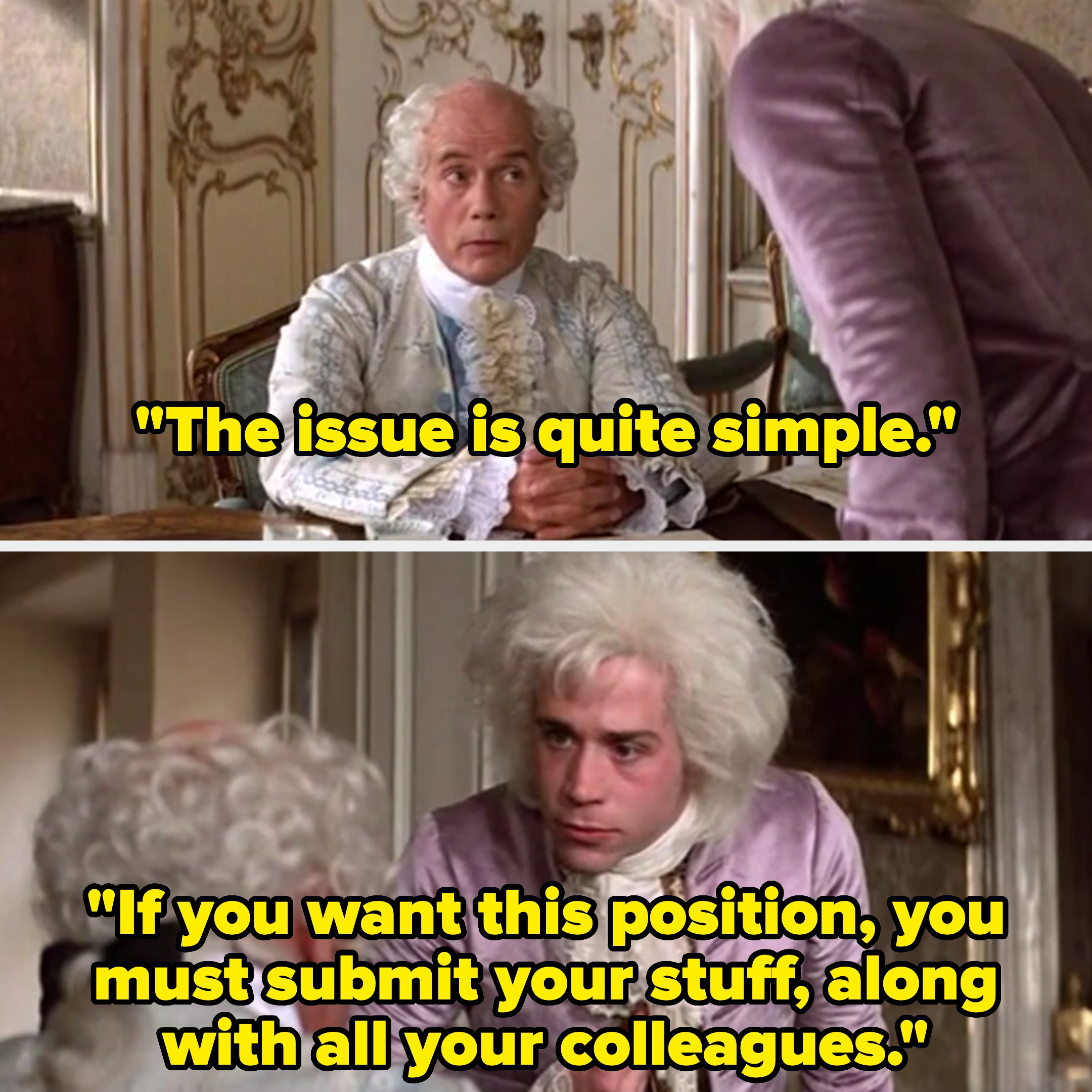 Two people in historical costumes having a conversation with text about submitting work for a position