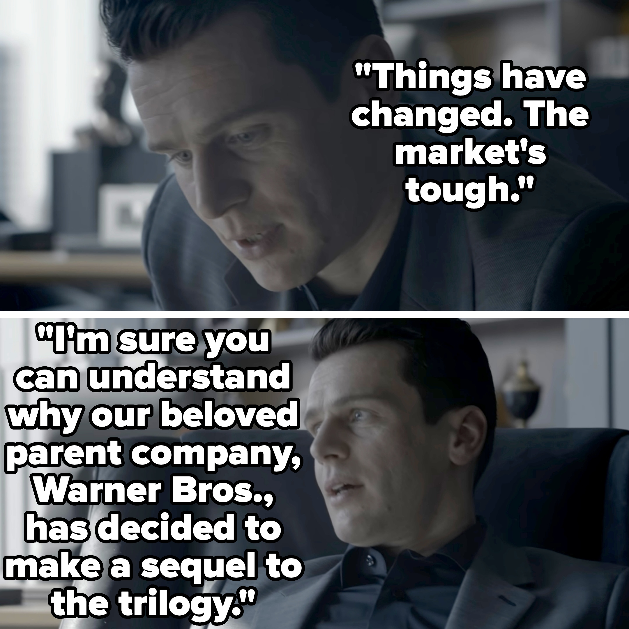 Person in a suit sits in an office chair, appearing contemplative, surrounded by a modern office setting