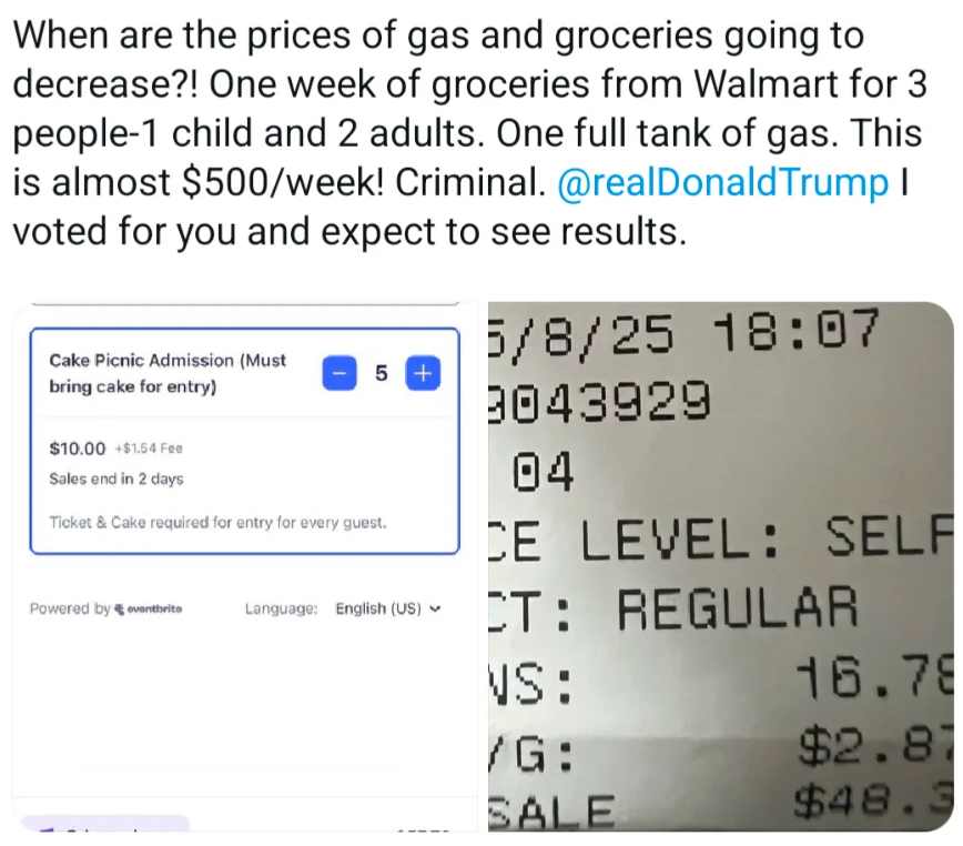 A tweet complains about high gas and grocery prices, mentioning a $500 weekly expense for groceries and gas, and tags @realDonaldTrump