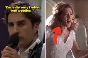 A man apologizes on a microphone. A bride appears shocked, with an arrow pointing to her