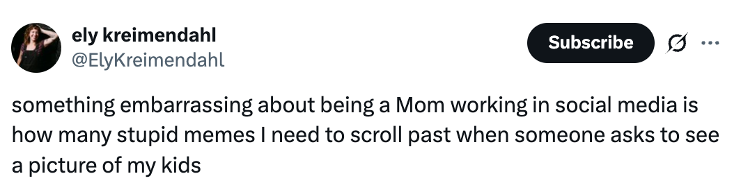 Tweet by user about the embarrassment of scrolling through memes when showing pictures of kids on social media