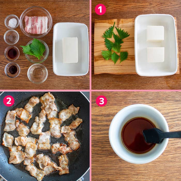 4コマ画像:豆腐と材料の準備、豚肉の炒め物、最後のタレの調理手順を示す。