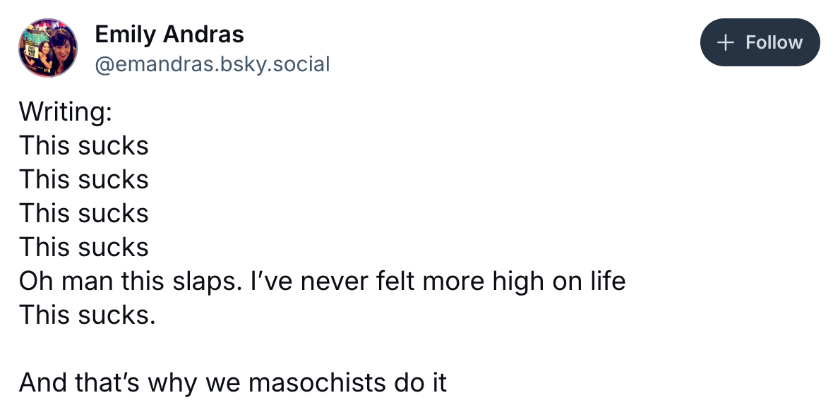 A tweet humorously discusses the ups and downs of writing, noting a mix of frustration and inspiration