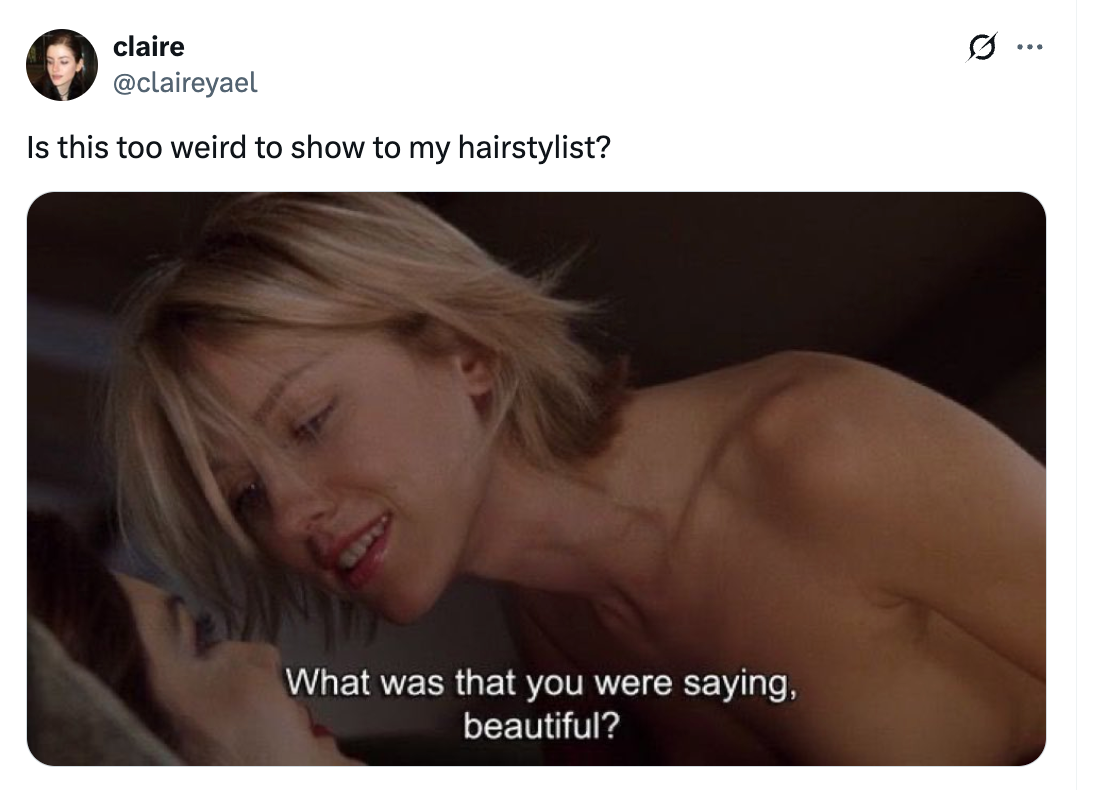 Scene from "Mulholland Drive" with a woman leaning over another. Caption: "What was that you were saying, beautiful?" Tweet text questions showing it to a hairstylist