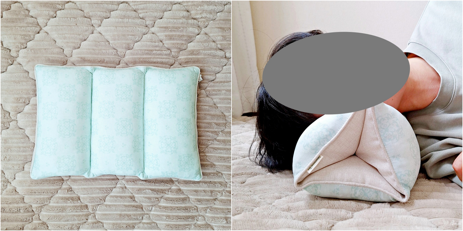 左側に三角形の切れ目が入った枕。右側、頭を横にしてその枕に乗せている人。