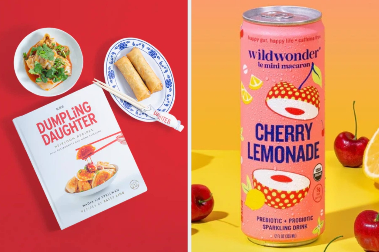 A cookbook featuring dumplings, a plate with rolls, and a can of cherry lemonade with vibrant packaging