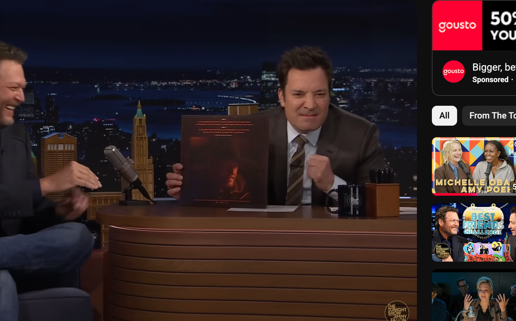 Blake Shelton laughs while Jimmy Fallon pulls an angry face on "The Tonight Show"