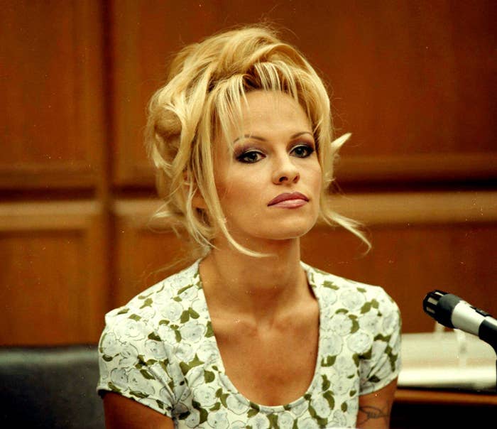 Person with styled updo wearing a patterned dress sits in a courtroom setting. Date noted: 5/15/97. Text references a civil trial in Los Angeles