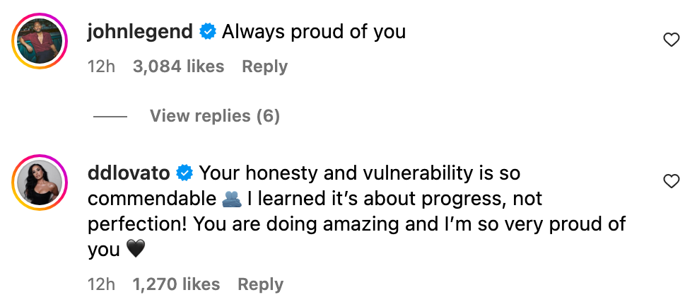 Instagram comments praising someone for their honesty, vulnerability, and progress over perfection