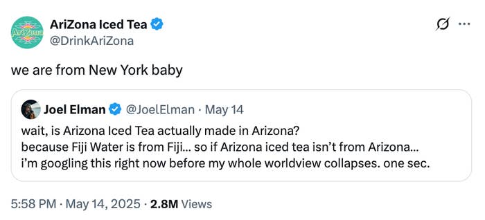 Tweet from @DrinkAriZona poking fun at origins, with Joel Elman's tweet questioning if Arizona Iced Tea is from Arizona due to similar branding like Fiji Water