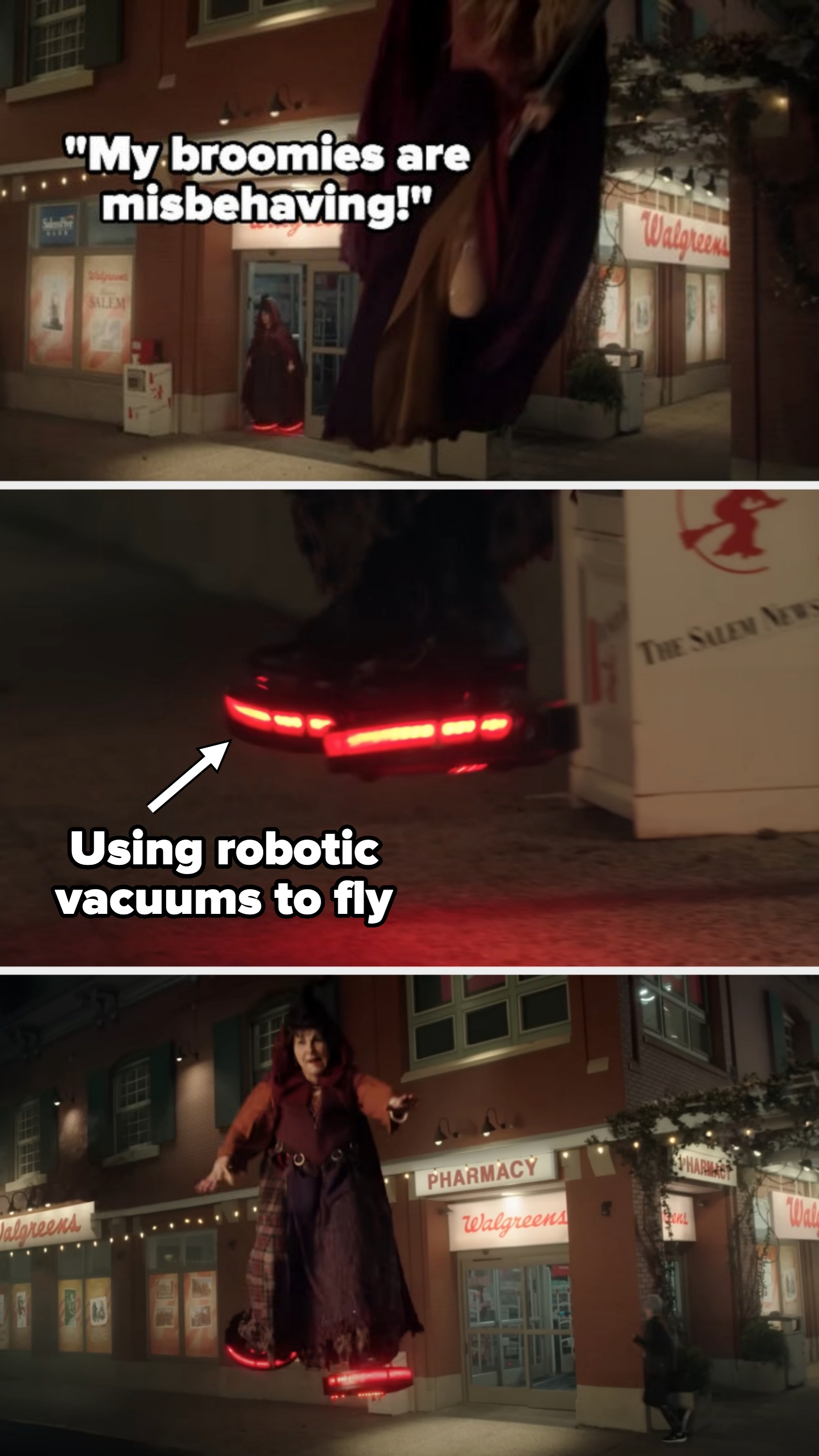 Mary using robot vacuums to fly, saying, "My broomies are misbehaving!"