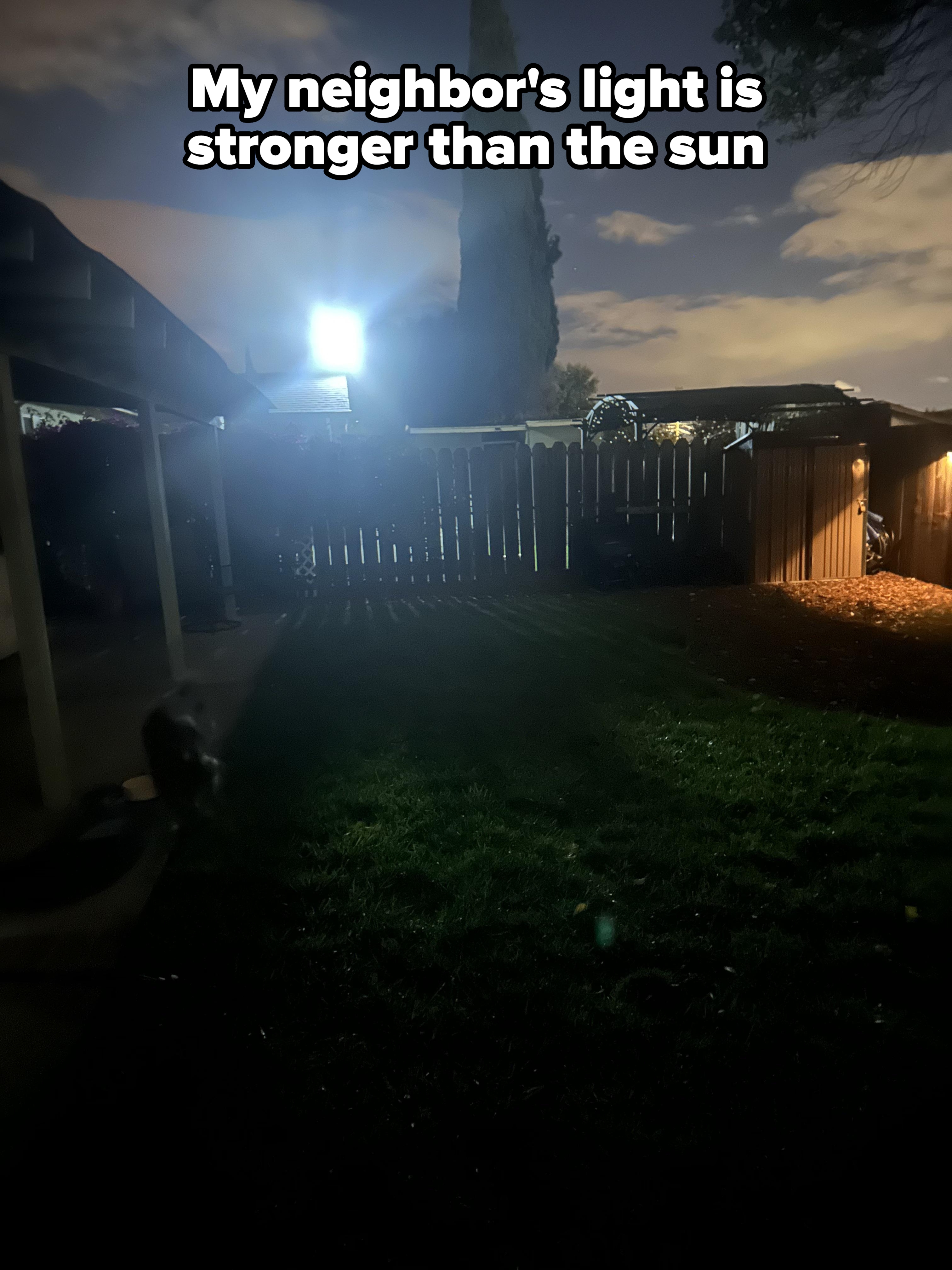 Nighttime backyard with fence and trees. Dimly lit grass and shadows; a faint figure is seen on the left side