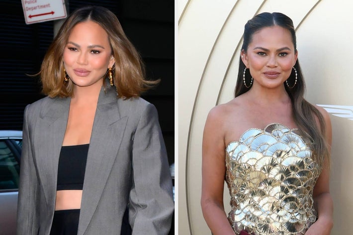 Two images of a person. Left: wearing a gray blazer over a black outfit. Right: wearing a strapless dress with a scalloped pattern