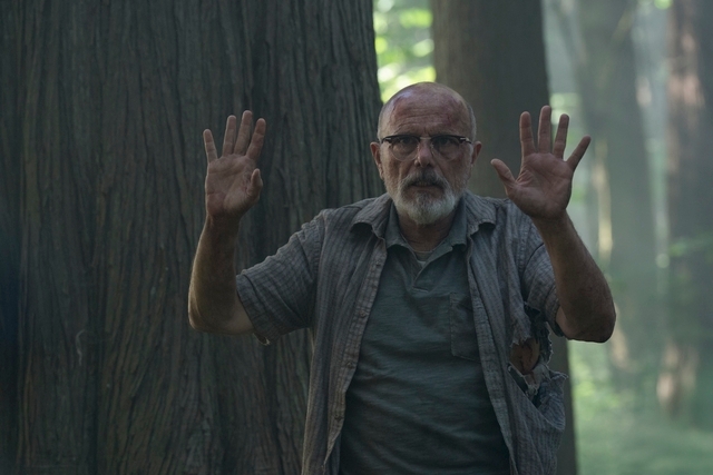 Hombre mayor con gafas levanta las manos en un bosque, mirando hacia adelante con expresión seria. Lleva camisa de cuadros y camiseta sencilla