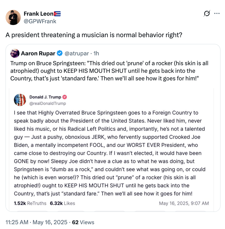 Screenshot of a tweet by George Psarras commenting on a Trump post about Bruce Springsteen and foreign policy