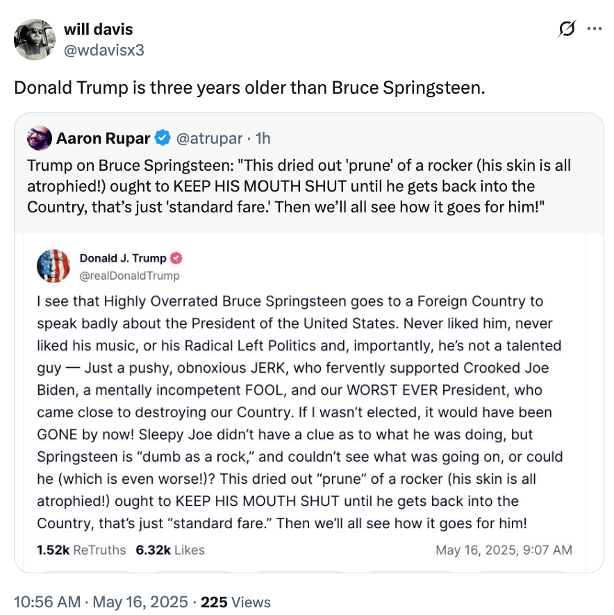 A tweet comparing Donald Trump and Bruce Springsteen's ages alongside a strong critique of Bruce mentioned by Trump