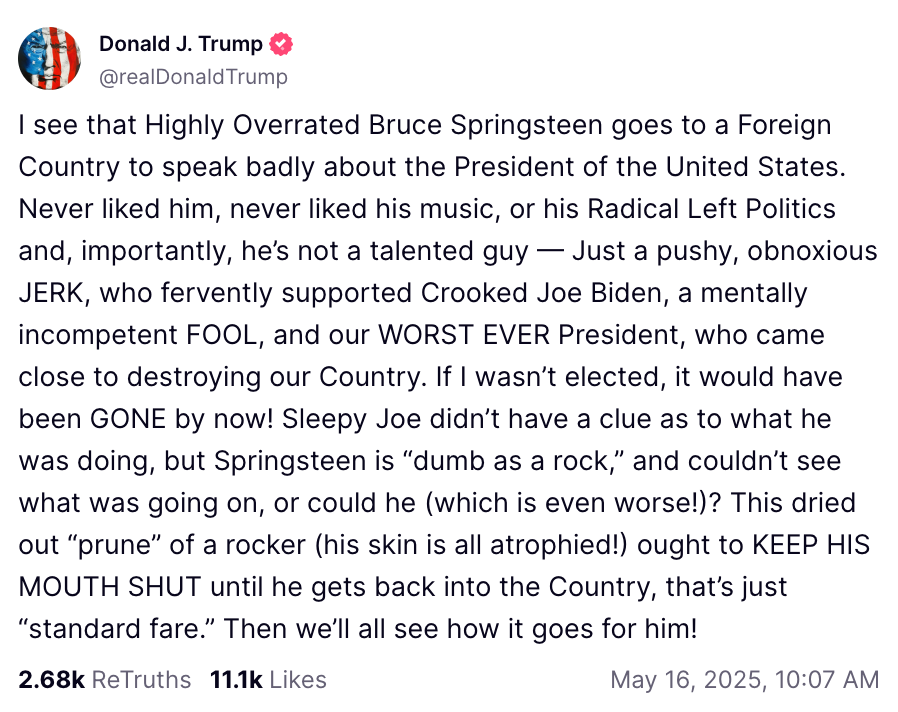 Post by Donald J. Trump criticizing Bruce Springsteen and Joe Biden, questioning Biden's awareness and competence