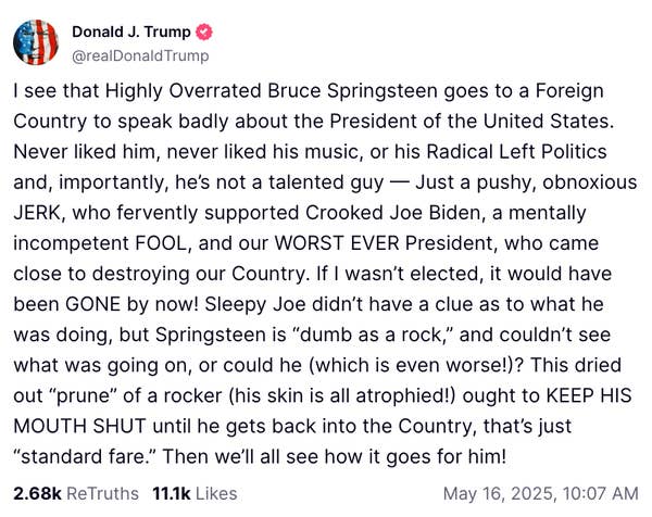 Post by Donald J. Trump criticizing Bruce Springsteen and Joe Biden, questioning Biden&#x27;s awareness and competence