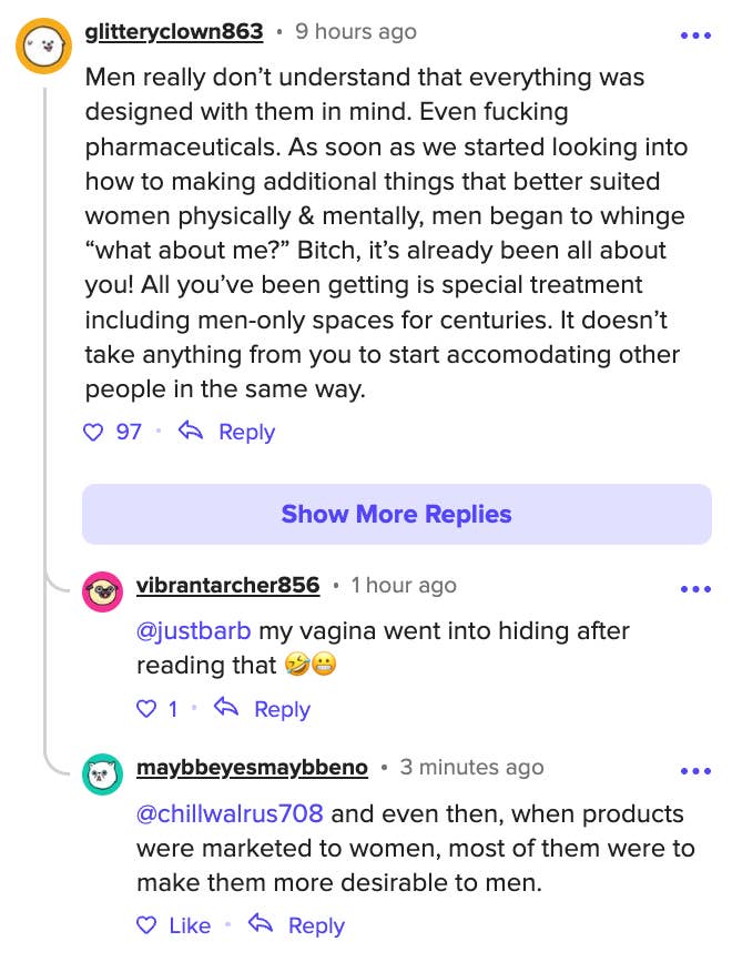 Discussion on gender bias in product design; comments highlight issues of male-centered design, lack of special treatment for women, and product marketing