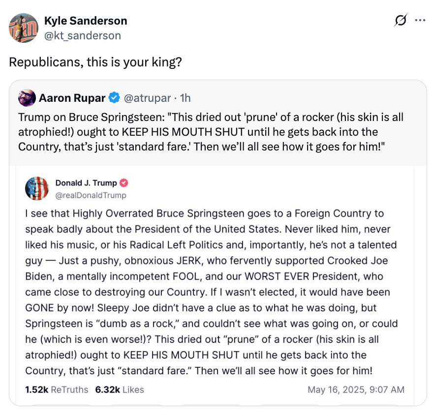 Tweet showing a screenshot of Donald Trump's post criticizing Bruce Springsteen for his comments about the U.S