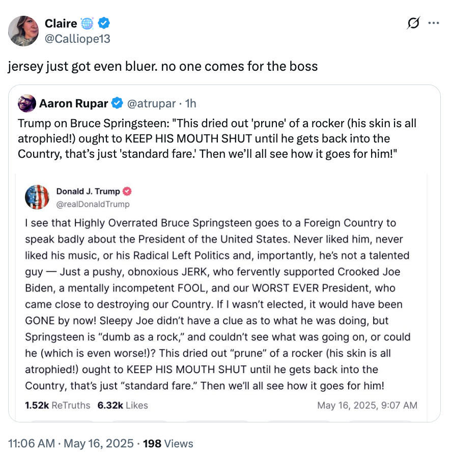 Claire tweets about jersey being bluer, referencing a post by Aaron Rupar critiquing Trump’s comments on Bruce Springsteen