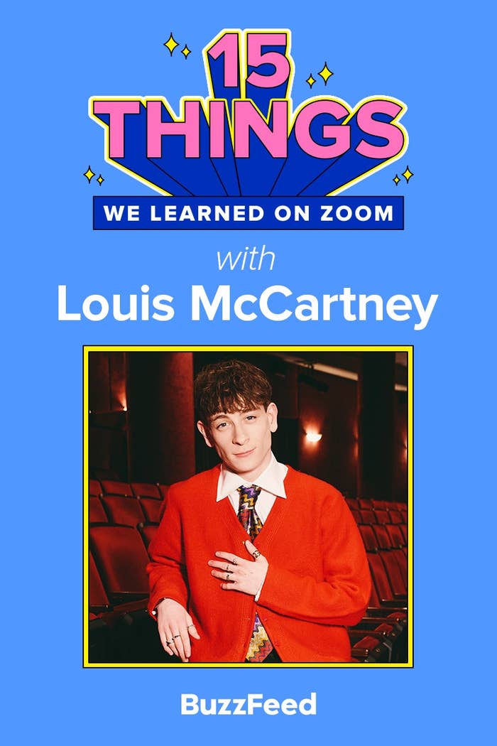 Louis McCartney in a red cardigan and tie, posing in a theater setting for a BuzzFeed article titled "15 Things We Learned on Zoom."