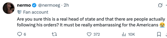 Tweet questioning the leadership of a head of state, suggesting embarrassment for Americans