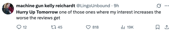 Tweet by LingoUnbound: Interest in &quot;Hurry Up Tomorrow&quot; grows as reviews worsen