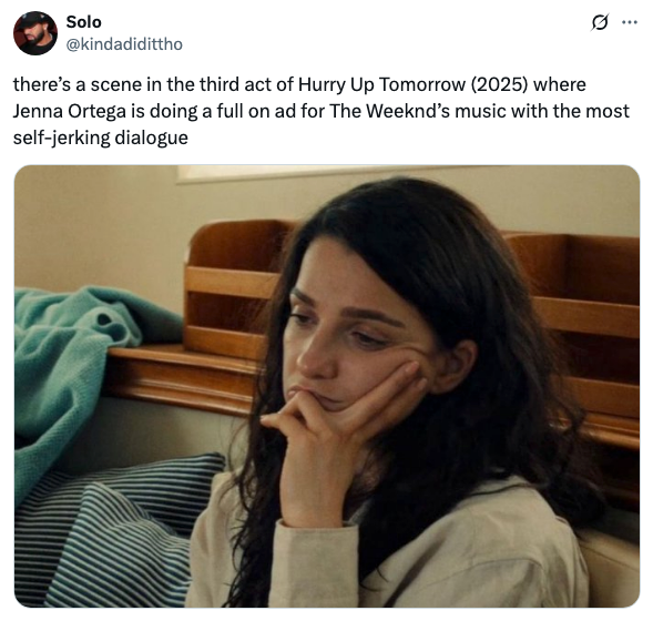 Woman sitting thoughtfully in a setting described as an ad scene in 2025 film &quot;Hurry Up Tomorrow&quot;. Text suggests humorous commentary