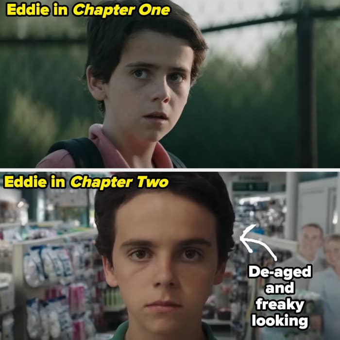 Eddie in Chapter 1 and Chapter 2, looking strangely off in Chapter 2, captioned "de-aged and freaky looking"