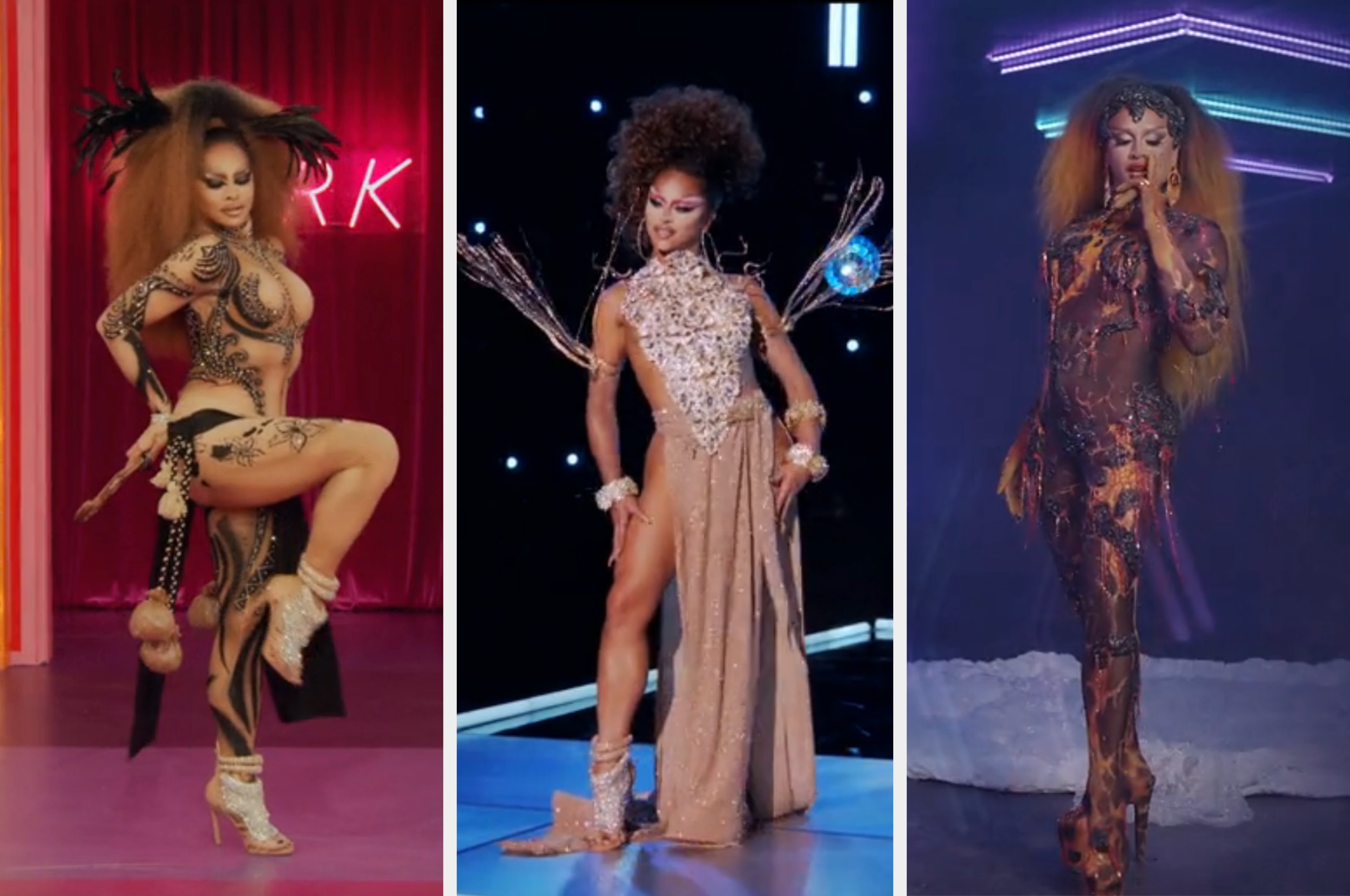 Three individuals in glamorous costumes: left in feathered attire, center with a flowing gown and winged accessories, right in a fitted, sparkling bodysuit