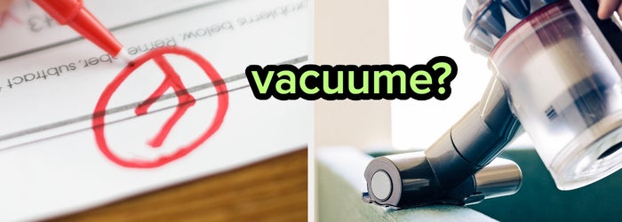 A paper with a spelling error circled on the left and a vacuum cleaner on a couch on the right, with "vacuum" misspelled as "vacuume."