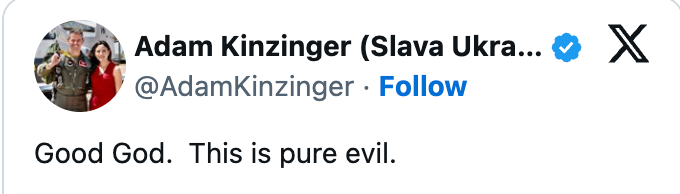 Tweet by Adam Kinzinger says, &quot;Good God. This is pure evil.&quot;