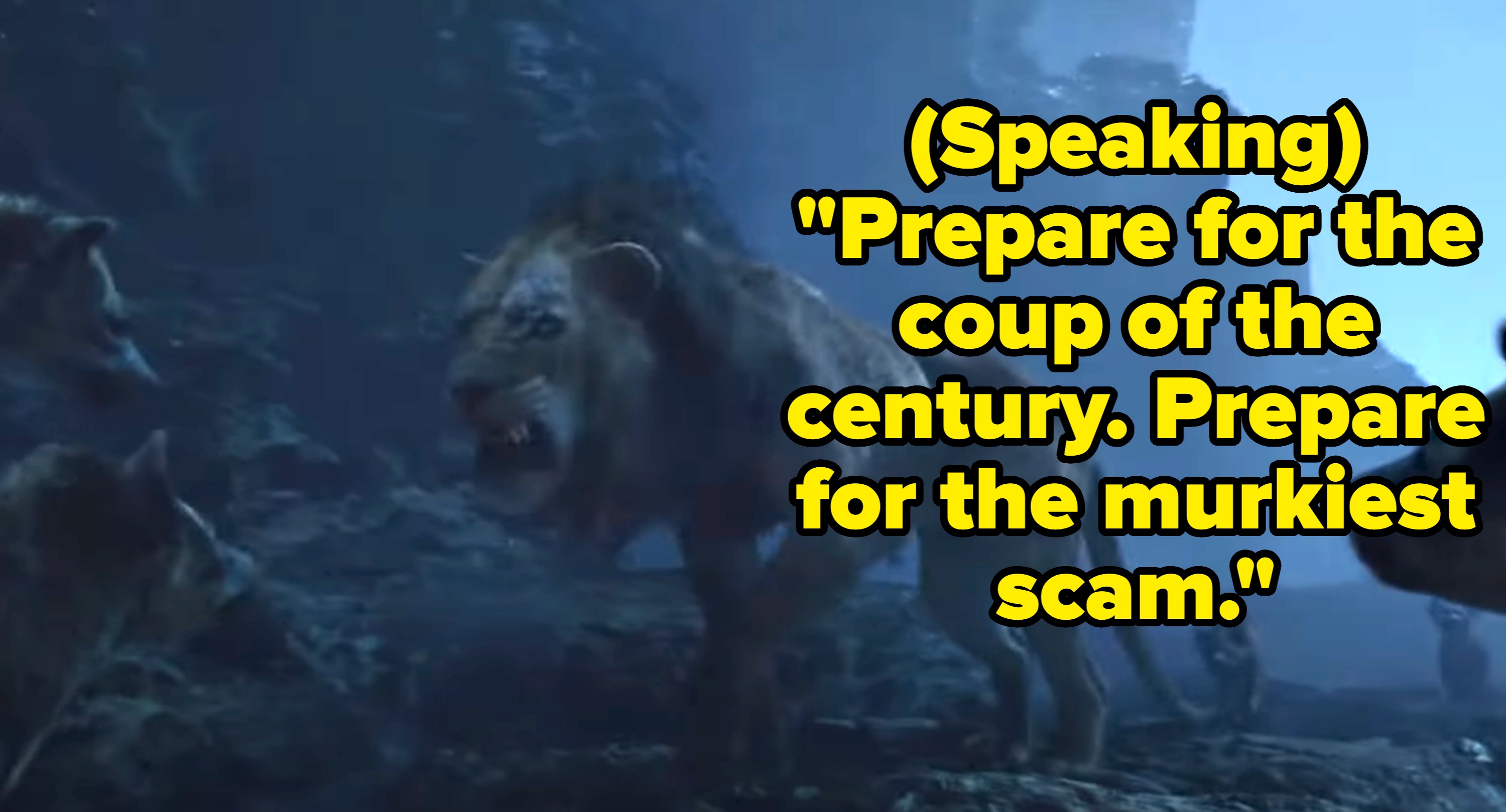 Scar growls at a hyena pack in a rocky, misty environment, speaking the words of "Be Prepared" rather than singing them