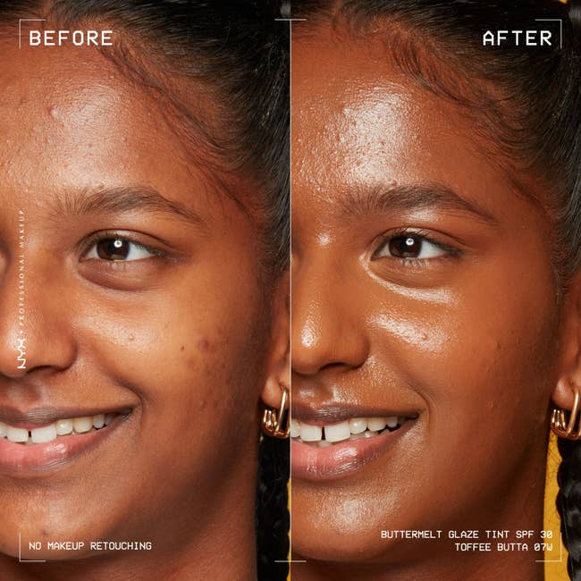 Split representation showing a person's look earlier and aft applying NYX Buttermelt Glaze Tint