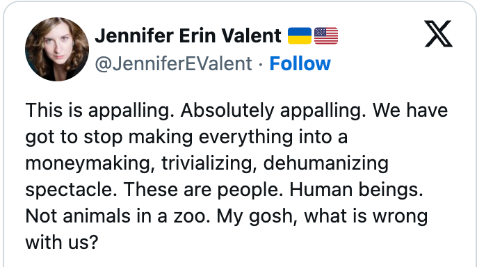 Jennifer Erin Valent urges to stop turning people into a spectacle, emphasizing their humanity