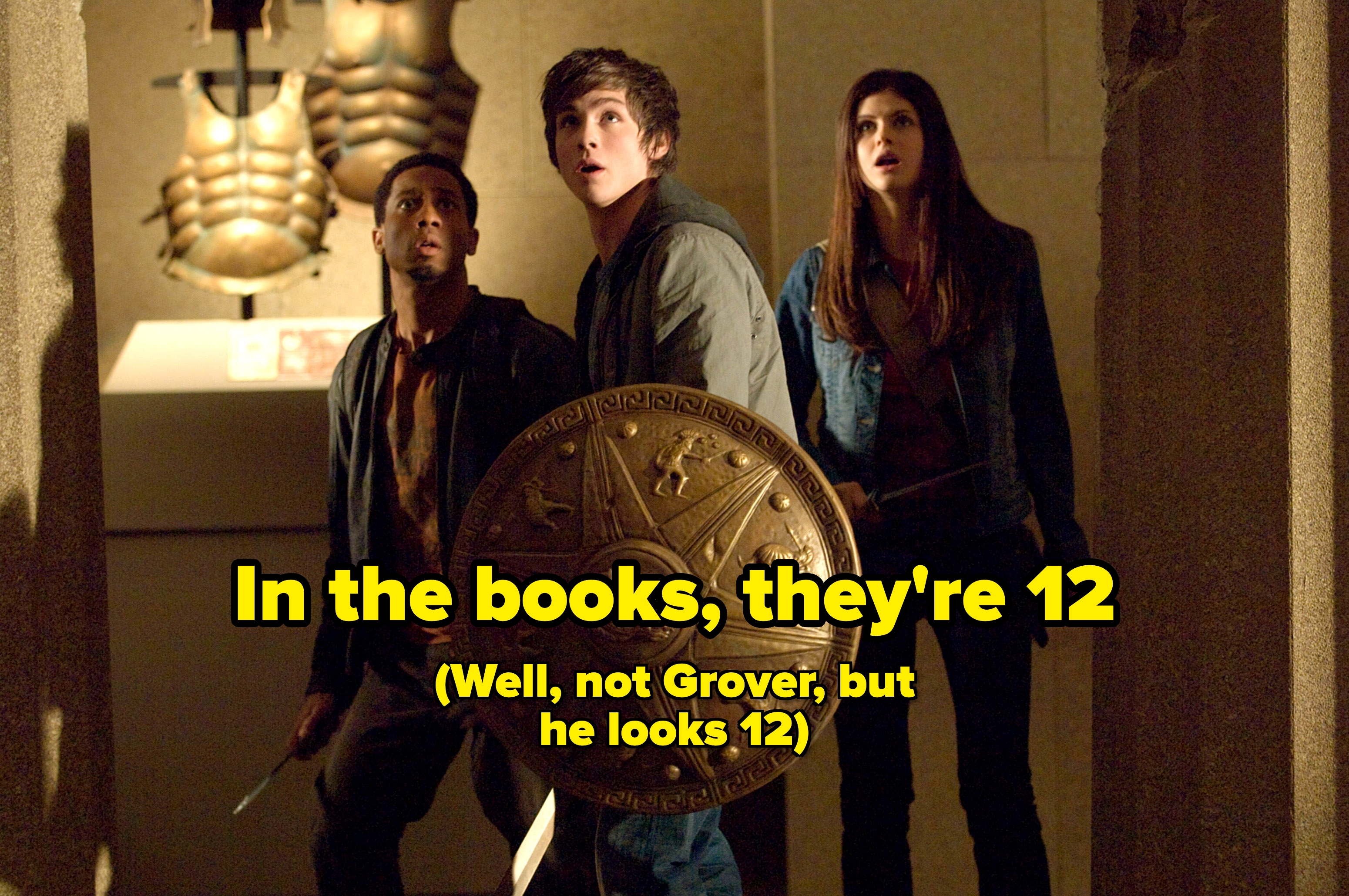 Grover, Percy, and Annabeth labeled "in the books, they're 12 (well not grover, but he looks 12)"