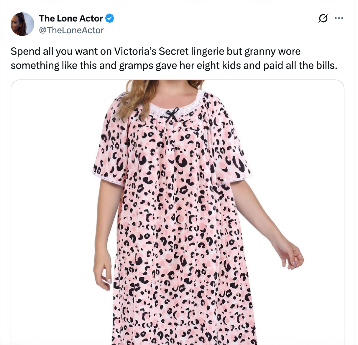 Woman in leopard-patterned nightgown with tweet about traditional lingerie and family values