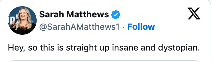 Tweet by Sarah Matthews reads: &quot;Hey, so this is straight up insane and dystopian.&quot;
