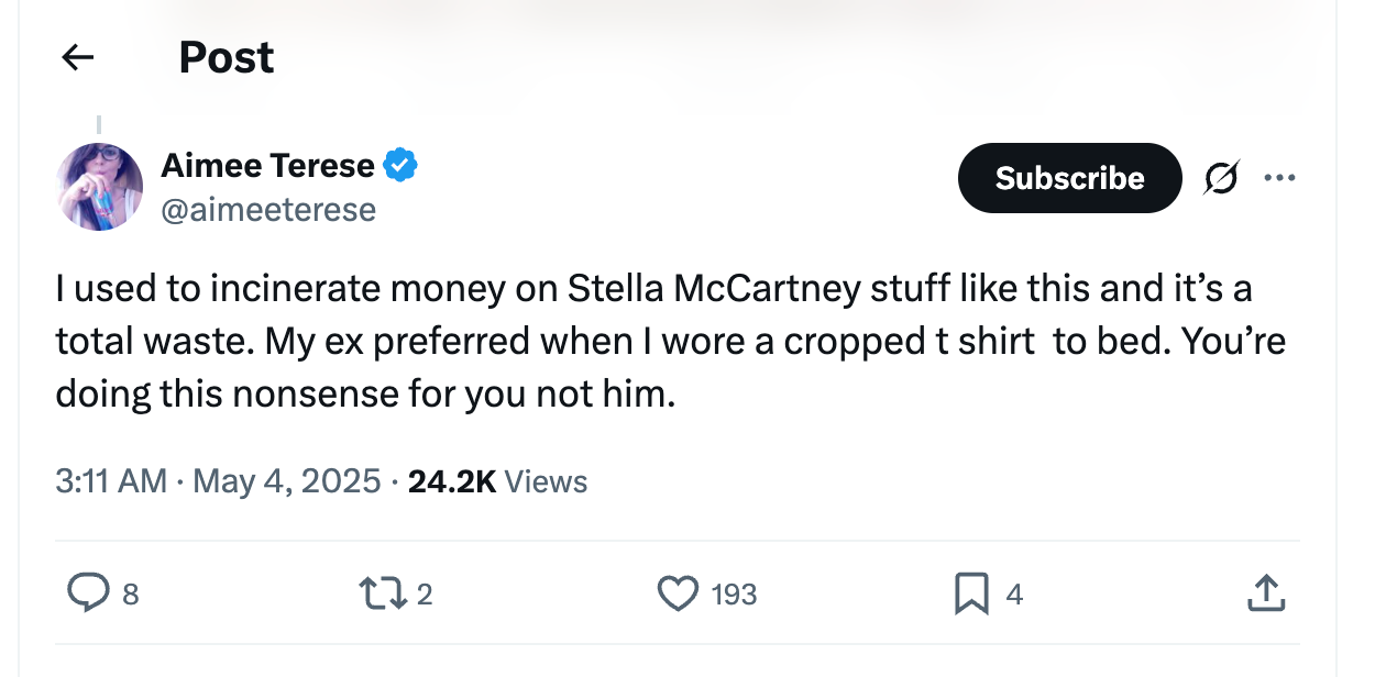 Tweet by Aimee Terese expressing regret about spending on designer items like Stella McCartney while their ex preferred simple attire
