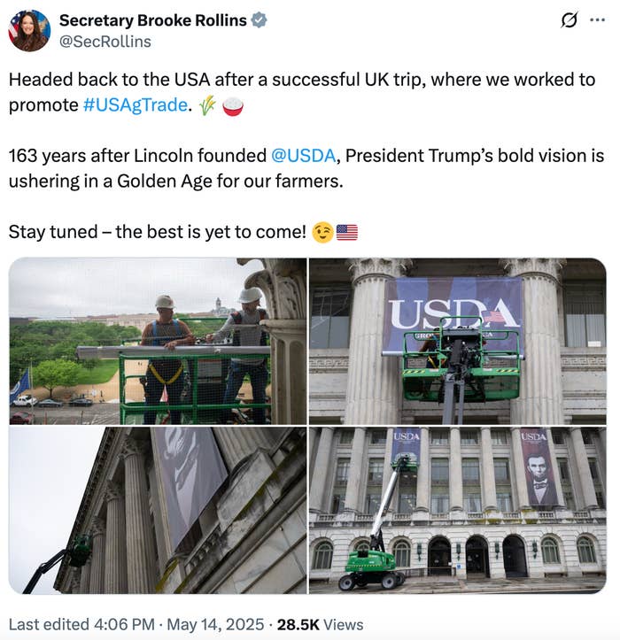 A tweet by Secretary Brooke Rollins about promoting #USAAgTrade with images of USDA building and workers installing banners