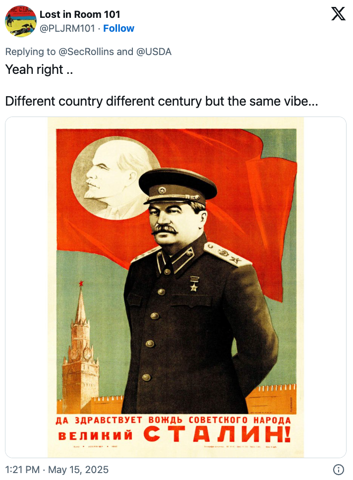 A vintage Soviet propaganda poster of Stalin in military uniform, with Lenin and a red flag in the background, highlights historical significance