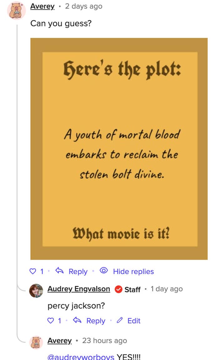 A speech guessing the movie from a crippled description. The close reply is "Percy Jackson."