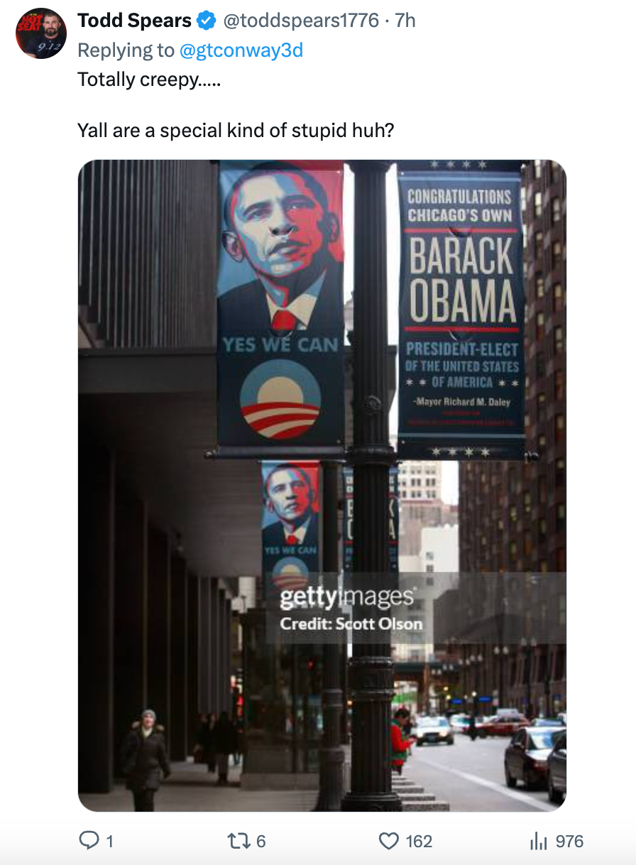 Political banners with Barack Obama on a Chicago street. A Twitter reply by Todd Spears calls it "Totally creepy" with criticism